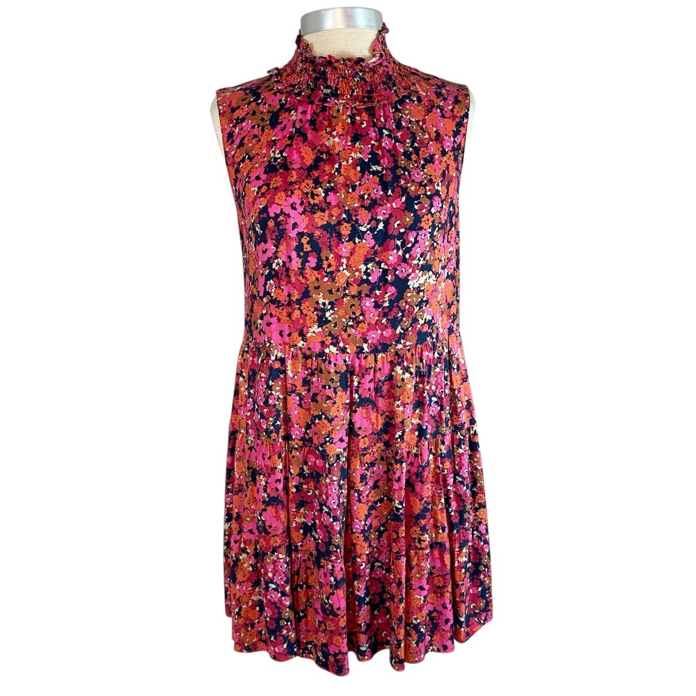 AMANDA UPRICHARD Nadia Dress Sz‎ M Floral Smocked Mock Neck Tiered Pockets